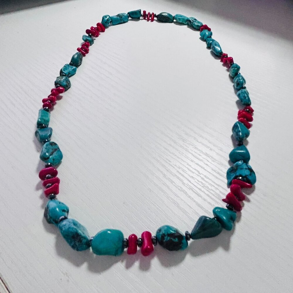 Turquoise Style & Coral Color Necklace 18” Chunky Southwestern Boho - Picture 2 of 11